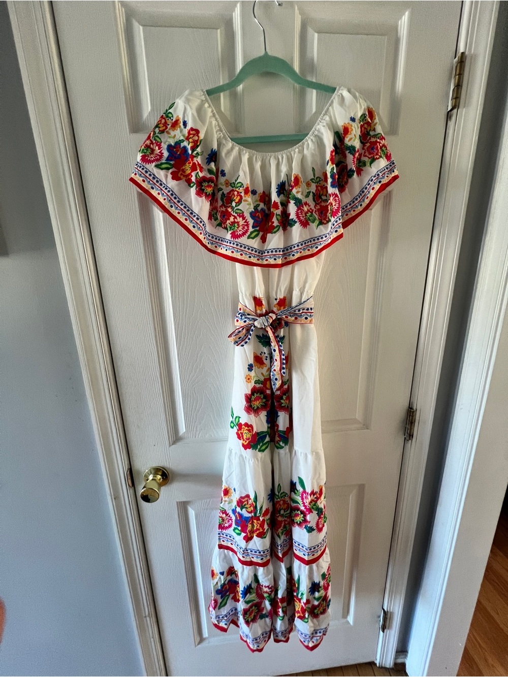 White Floral Off-Shoulder Girls' Dress with Belt